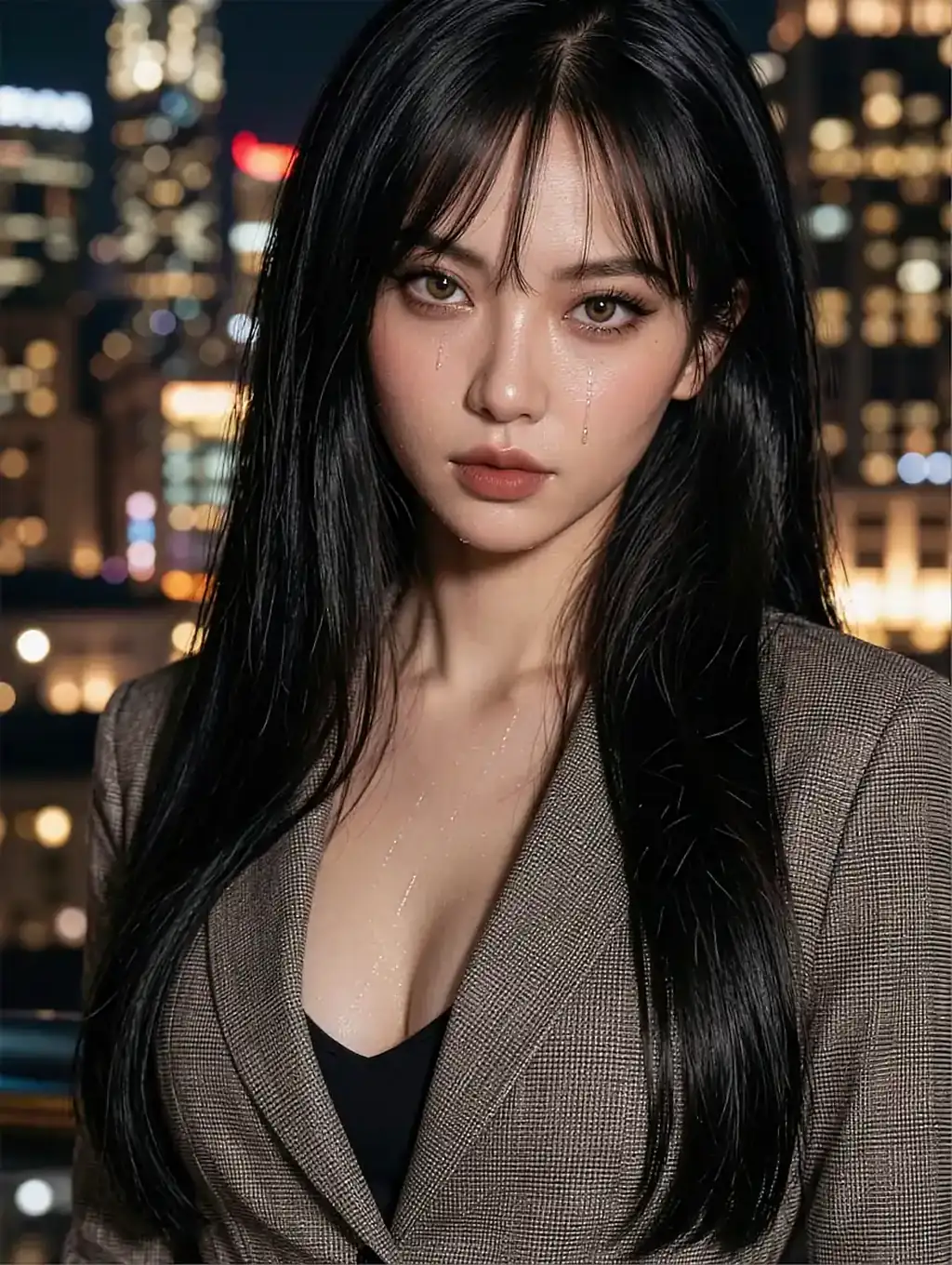Fictional AI character photographed against a dark window at night
